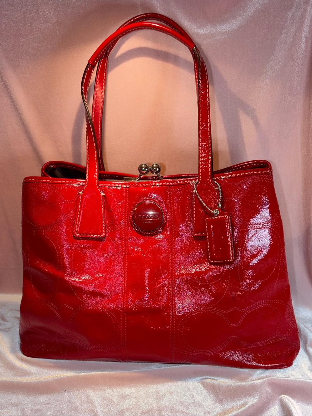 Authentic Coach Signature Patent Red Leather Kiss Lock Satchel Tote | F15658